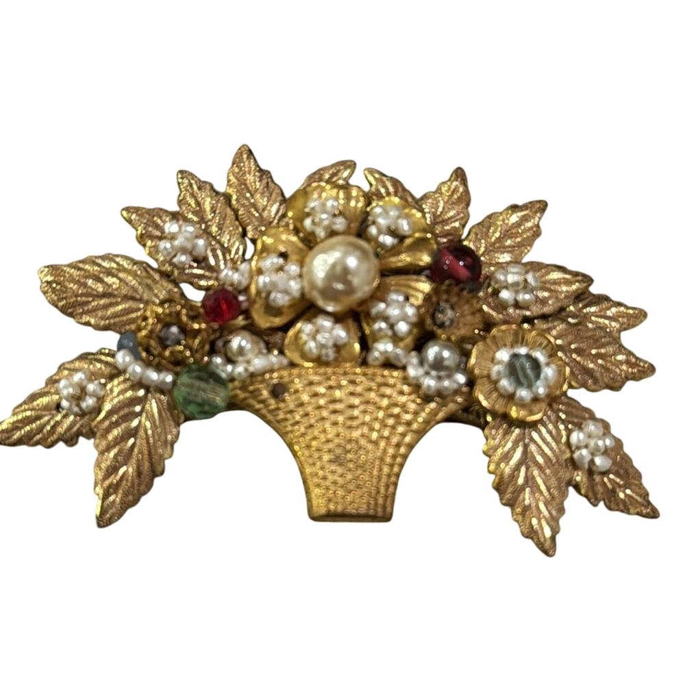Miriam Haskell signed Vintage Brooch Gold Floral Basket Pin with Detailing